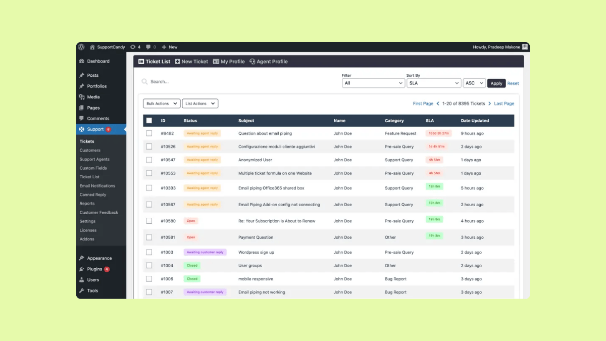 SupportCandy interface with a list of tickets, including columns for ID, status, subject, name, category, SLA, and date updated.